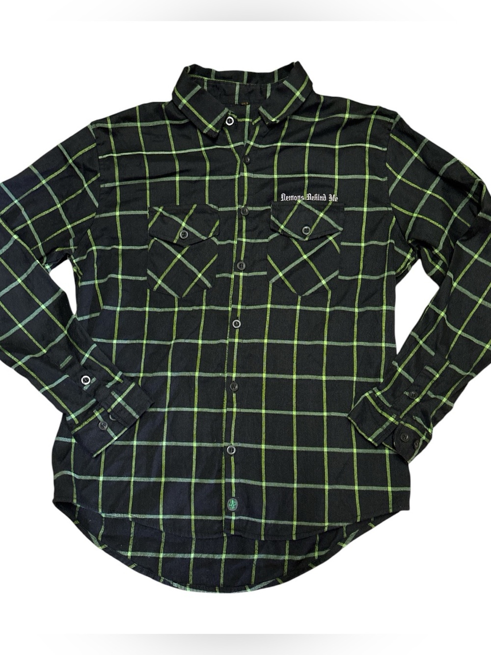 Demons Behind Me Mens Black & Green Plaid Plannel Button-Down Shirt XXL